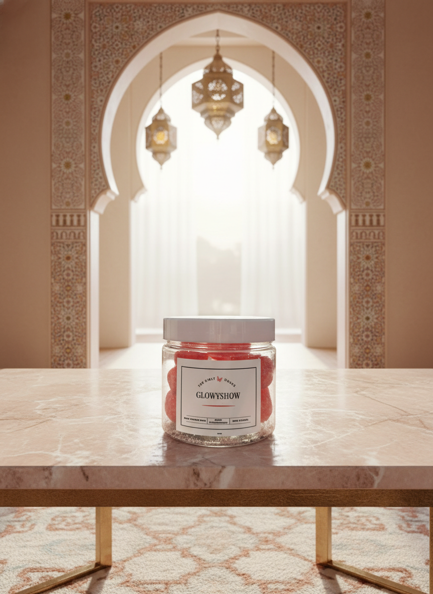 Produit Glowyshow dans un décor marocain avec arche