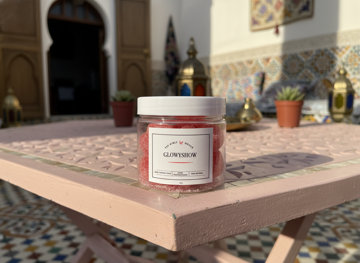 Produit Glowyshow sur table rose dans un riad marocain avec mosaiques